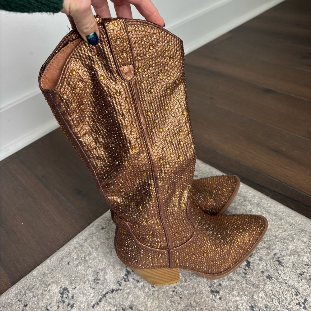 Queen Of Crystal Studded Boots- Golden Brass